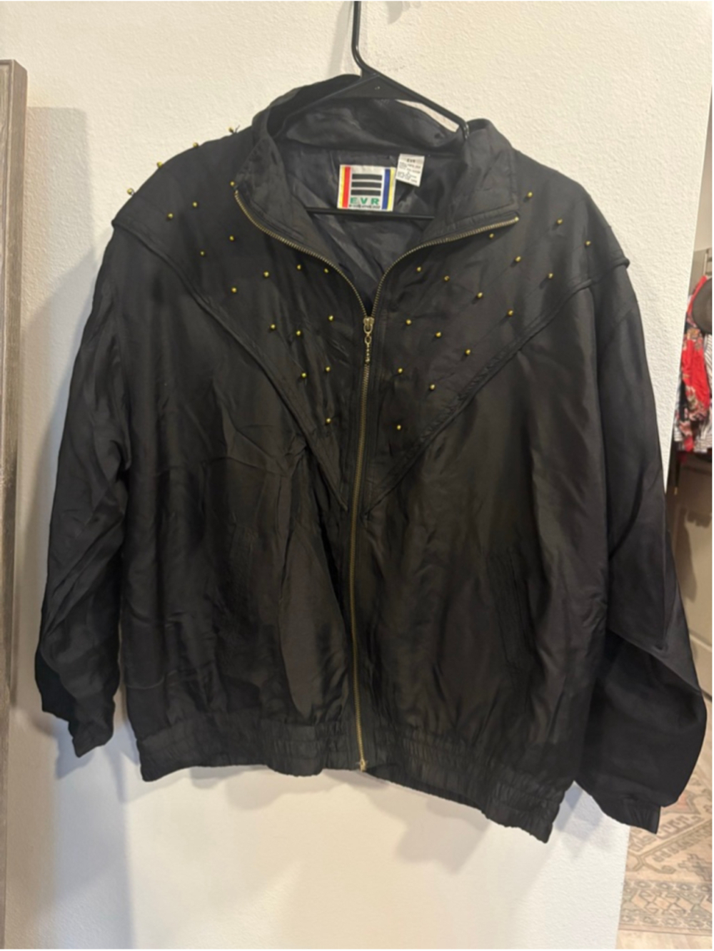 Vintage EVR Rousso 100% Silk Gold Beaded Bomber Jacket Black